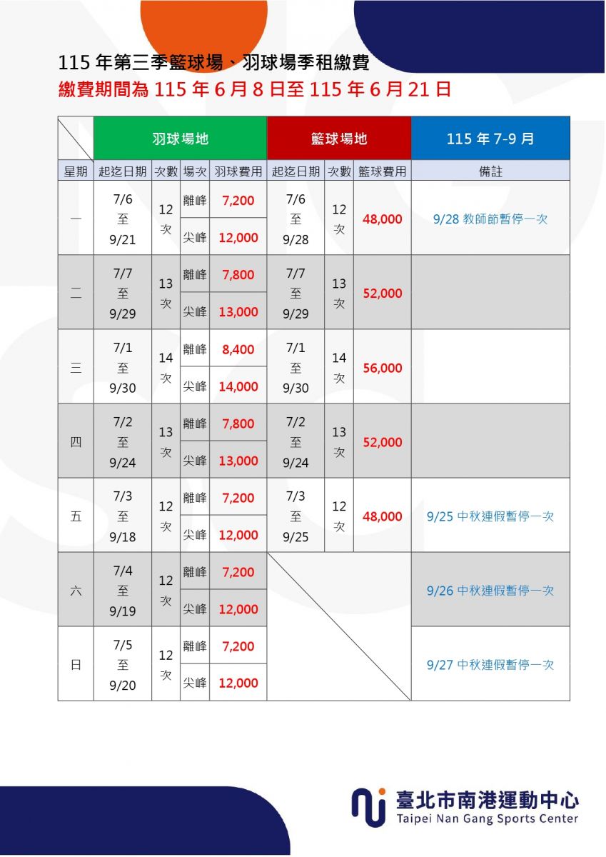 115年第三季球場季租繳費通知
